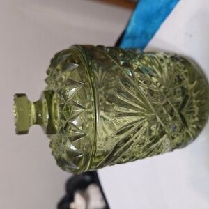 Vtg Elegant Green Glass Jar With Lid
